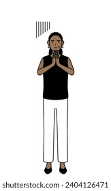 African-American senior woman apologizing with her hands in front of her body, Vector Illustration
