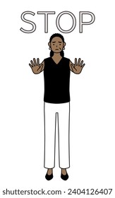 African-American senior woman with her hands out in front of her body, signaling a stop, Vector Illustration