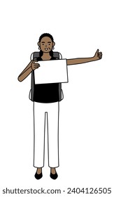 African-American senior woman hitchhiking with a smile, Vector Illustration