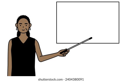 African-American senior woman pointing at a whiteboard with an indicator stick, Vector Illustration