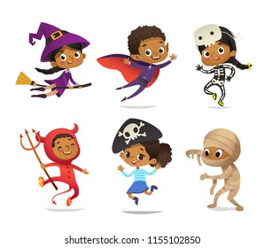 African-American set of Boys and Girls, wearing Halloween costumes isolated on white background. Cartoon vector characters of Kid witch, pirate, Dracula, devil, skeleton, mummy, for party, web, mascot