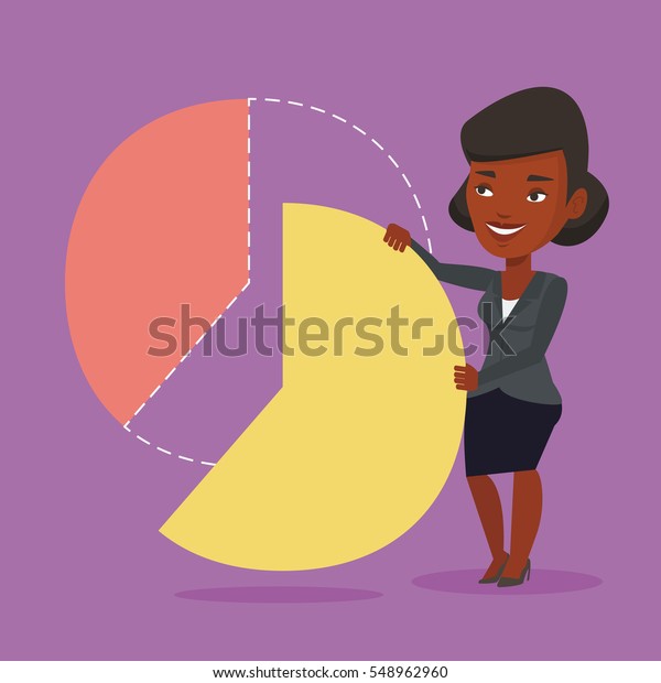 An african-american shareholder taking her share\
of financial pie chart. Young shareholder getting her share of\
profit. Business woman sharing profit. Vector flat design\
illustration. Square\
layout.