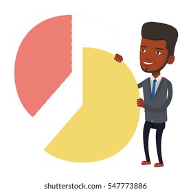 African-american shareholder taking his share of financial pie chart. Shareholder getting his share of profit. Businessman sharing profit. Vector flat design illustration isolated on white background. African-american shareholder taking his share of financial pie chart. Shareholder getting his share of profit. Businessman sharing profit. Vector flat design illustration isolated on white background.