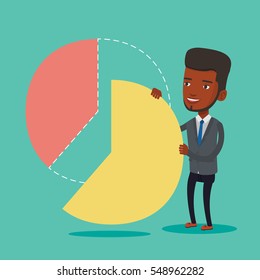 An african-american shareholder taking his share of financial pie chart. Young shareholder getting his share of profit. Businessman sharing profit. Vector flat design illustration. Square layout.