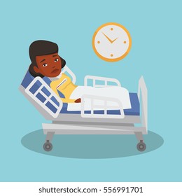 African-american sick woman with fever laying in bed. Sick woman measuring temperature with thermometer. Sick woman suffering from cold or flu virus. Vector flat design illustration. Square layout.