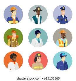 African-american smiling builder in hard hat. Portrait of smiling confident builder. Set of different professions. Set of vector flat design illustrations in the circle isolated on white background.