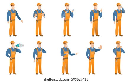 African-american smiling builder showing ok sign. Young cheerful builder making ok sign. Successful builder gesturing ok sign. Set of vector flat design illustrations isolated on white background.