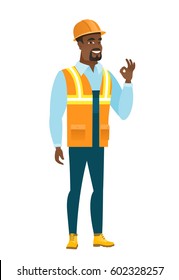 African-american smiling builder showing ok sign. Young cheerful builder making ok sign. Successful happy builder gesturing ok sign. Vector flat design illustration isolated on white background