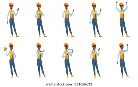 African-american smiling builder showing ok sign. Young cheerful builder making ok sign. Successful builder gesturing ok sign. Set of vector flat design illustrations isolated on white background.