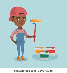 African-american smiling female painter in uniform holding a paint roller in hand. Young cheerful house painter standing near paint cans. Vector cartoon illustration. Square layout.