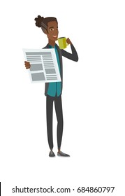 African-american smiling man holding cup of coffee and newspaper. Young man drinking coffee and reading news in newspaper. Vector flat design cartoon illustration isolated on white background.