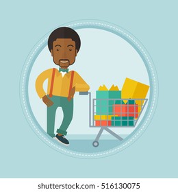 An african-american smiling man leaning on supermarket trolley full of gift boxes. Happy adult man buying gifts for christmas. Vector flat design illustration in the circle isolated on background.