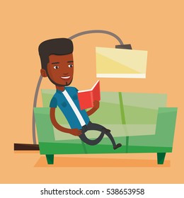 An african-american smiling man reading a book on a sofa. Man relaxing with a book on the couch at home. Man sitting on a sofa and reading a book. Vector flat design illustration. Square layout.