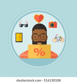 Un hombre sonriente afroamericano que usa una laptop para comprar en línea. Hombre alegre haciendo compras en línea en casa. Hombre comprando en internet. Ilustración de diseño plana vectorial en el círculo aislado en el fondo.