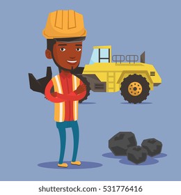 An african-american smiling miner in hard hat standing on the background of a big excavator. Confident miner with crossed arms standing near coal. Vector flat design illustration. Square layout.