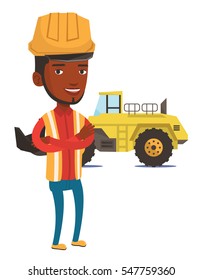 An african-american smiling miner in hard hat standing on the background of a big excavator. Confident miner standing with crossed arms. Vector flat design illustration isolated on white background.