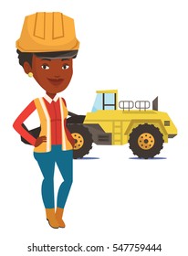 An african-american smiling miner in hard hat standing on the background of a big excavator. Confident miner standing with crossed arms. Vector flat design illustration isolated on white background.