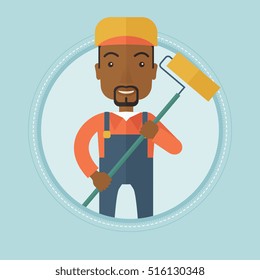 African-american smiling painter in uniform holding a paint roller in hands. Painter at work. House painter painting with roller. Vector flat design illustration in the circle isolated on background.