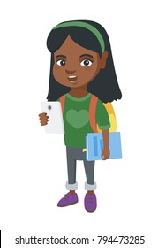 African-american smiling schoolgirl with backpack using a cellphone. Little schoolgirl holding cellphone and textbook in hands. Vector sketch cartoon illustration isolated on white background.