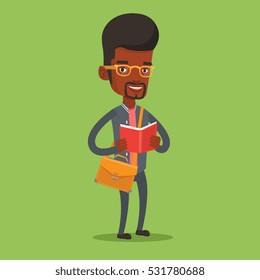 An african-american smiling student reading a book. Cheerful male student reading a book and preparing for exam. Student standing with book in hands. Vector flat design illustration. Square layout.