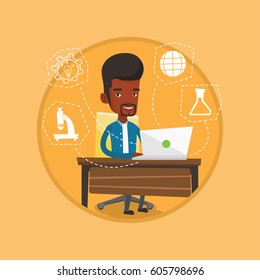 African-american smiling student working on a laptop connected with icons of school sciences. Concept of educational technology. Vector flat design illustration in the circle isolated on background.