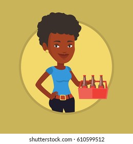 African-american Smiling Woman Buying Beer. Young Happy Woman Holding Pack Of Beer. Woman Carrying A Six Pack Of Beer. Vector Flat Design Illustration In The Circle Isolated On Background.