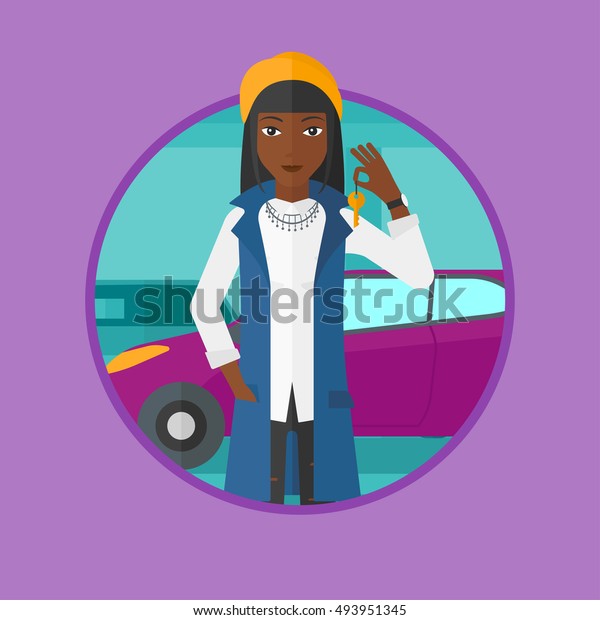 An african-american smiling woman holding\
keys to her new car on the background of car shop. Happy young\
woman buying a new car. Vector flat design illustration in the\
circle isolated on\
background.
