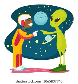 African-american space exploration astronaut and green alien meet for the first time. Human and alien touching each other with their fingers. Vector cartoon illustration isolated on white background.