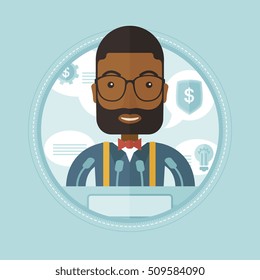 African-american speaker giving speech at podium at business conference. Businessman giving a speech at podium at business seminar. Vector flat design illustration in the circle isolated on background