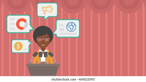 African-american speaker standing on podium with microphones at business conference. Woman giving speech at podium and speech squares around her. Vector flat design illustration. Hhorizontal layout.