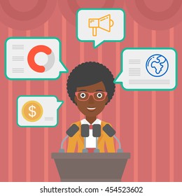 An african-american speaker standing on a podium with microphones at business conference. Woman giving speech at podium and speech squares around her. Vector flat design illustration. Square layout.