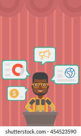 An african-american speaker standing at podium with microphones at business conference. Speaker giving speech at podium and speech squares around him. Vector flat design illustration. Vertical layout.