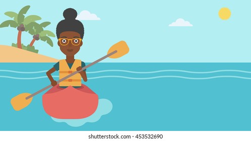 An african-american sports woman riding in a kayak in the sea. Young woman traveling by kayak. Female kayaker paddling. Woman paddling a canoe. Vector flat design illustration. Horizontal layout.
