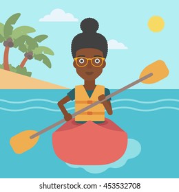 An african-american sports woman riding in a kayak in the sea. Young woman traveling by kayak. Female kayaker paddling. Woman paddling a canoe. Vector flat design illustration. Square layout.