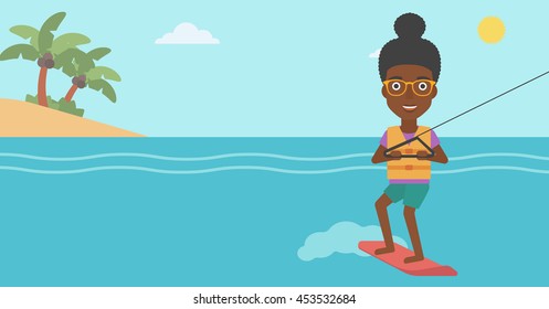 An african-american sports woman wakeboarding on the sea. Wakeboarder making tricks. Woman studying wakeboarding. Young woman riding wakeboard. Vector flat design illustration. Horizontal layout.