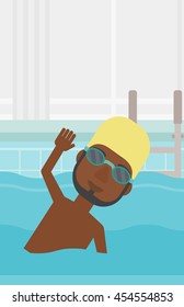 An african-american sportsman with the beard wearing cap and glasses swimming in pool. Professional male swimmer in swimming pool. Vector flat design illustration. Vertical layout.