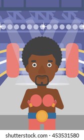 An african-american sportsman in boxing gloves. Professional male boxer standing in the boxing ring. Vector flat design illustration. Vertical layout.