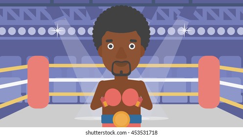 An african-american sportsman in boxing gloves. Professional male boxer standing in the boxing ring. Vector flat design illustration. Horizontal layout.