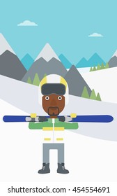 An african-american sportsman carrying skis on his shoulders on the background of snow capped mountains. Vector flat design illustration. Vertical layout.