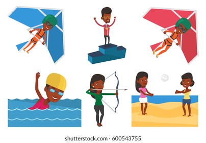 African-american sportsman with gold medal and raised hands standing on the winners podium. Man celebrating on the winners podium. Set of vector flat design illustrations isolated on white background.