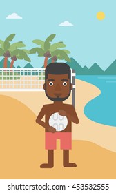 An african-american sportsman holding volleyball ball in hands. Beach volleyball player standing at the shore with voleyball net. Vector flat design illustration. Vertical layout.