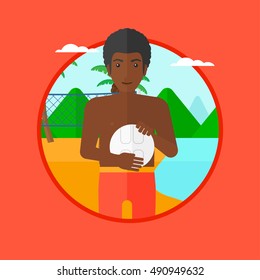 An african-american sportsman holding volleyball ball in hands. Beach volleyball player standing at the shore with voleyball net. Vector flat design illustration in the circle isolated on background.