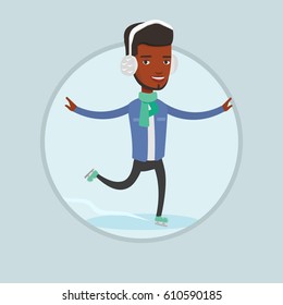 African-american Sportsman Ice Skating. Young Smiling Man Ice Skating. Man At Skating Rink. Male Figure Skater Posing On Skates. Vector Flat Design Illustration In The Circle Isolated On Background.