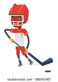 African-american sportsman playing ice hockey. Ice hockey player in uniform skating on a rink. Ice hockey player with a stick and puck. Vector flat design illustration isolated on white background.