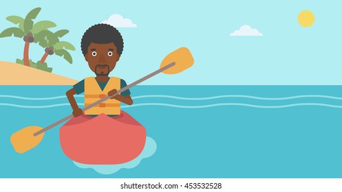 An african-american sportsman riding in a kayak in the sea. Young man traveling by kayak. Male kayaker paddling. Man paddling a canoe. Vector flat design illustration. Horizontal layout.