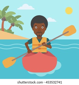 An african-american sportsman riding in a kayak in the sea. Young man traveling by kayak. Male kayaker paddling. Man paddling a canoe. Vector flat design illustration. Square layout.