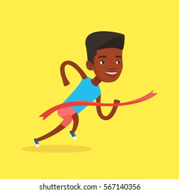 African-american sportsman running through finishing line. Winner crossing finishing line. Sprinter breaking the finishing line. Man winning marathon. Vector flat design illustration. Square layout.