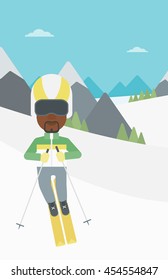 An african-american sportsman skiing on the background of snow capped mountain. Skier skiing downhill in mountains. Male skier on downhill slope. Vector flat design illustration. Vertical layout.