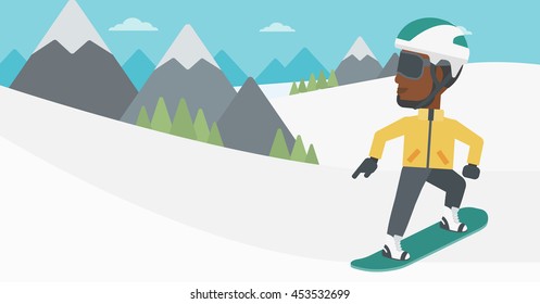 An african-american sportsman snowboarding on the background of snow capped mountain. Young man snowboarding in the mountains. Vector flat design illustration. Horizontal layout.
