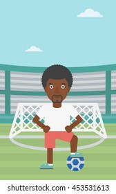 An african-american sportsman standing with football ball on the football stadium. Professional football player with a soccer ball on the field. Vector flat design illustration. Vertical layout.